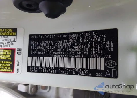 2016 Toyota Corolla S Plus from USA, damaged, VIN 2T1BURHE5GC674064